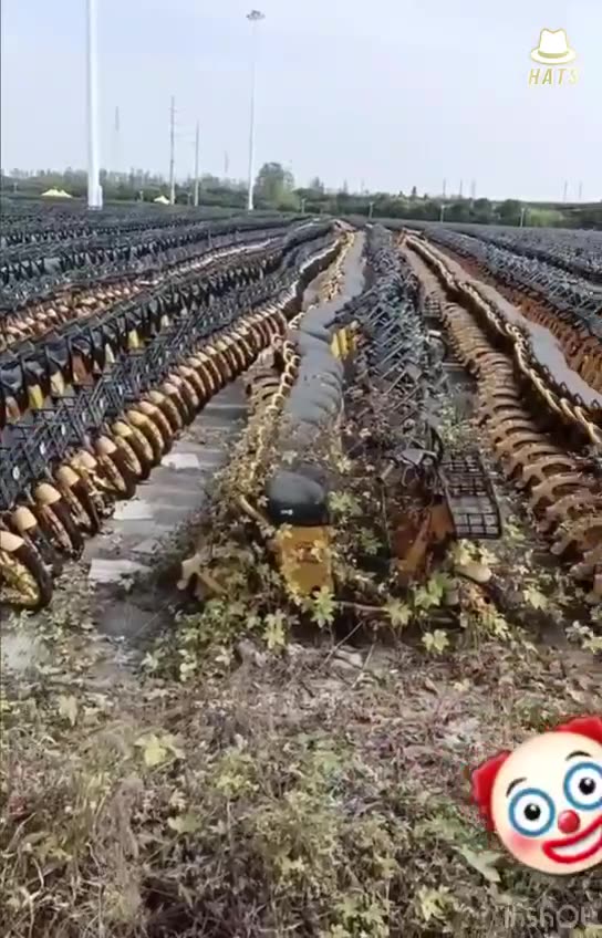 A graveyard of electric green scooters that have run out of battery life.
