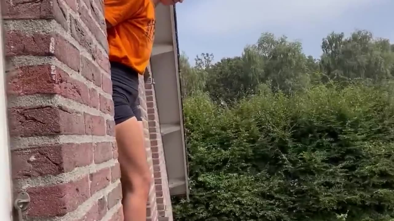 Girl Jump From Window to Trampoline Then Bounce Back to Same Spot