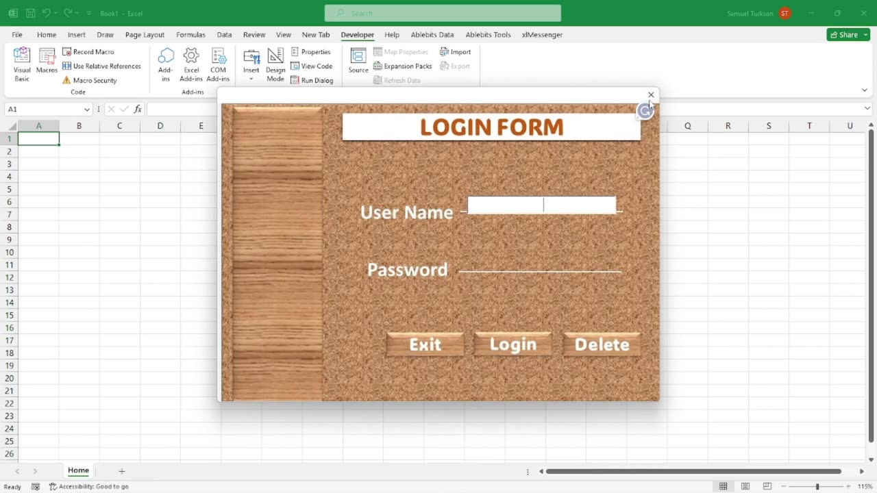 How to creat login form in Excel