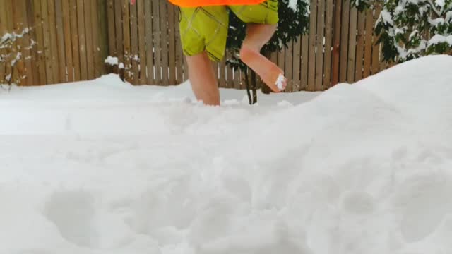 Flop into the snow video in swimming trunks for now reason life is short