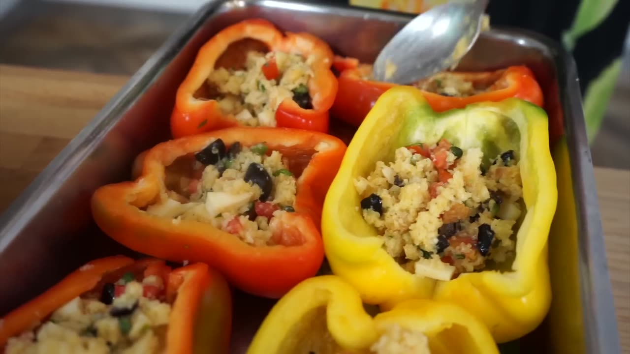 stuffed peppers, baked. oven temp. starts at 420° F, then after 20m, down to 390, then after 10m, 350 for 10 mins.