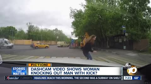 A man is knocked to the ground by a woman?