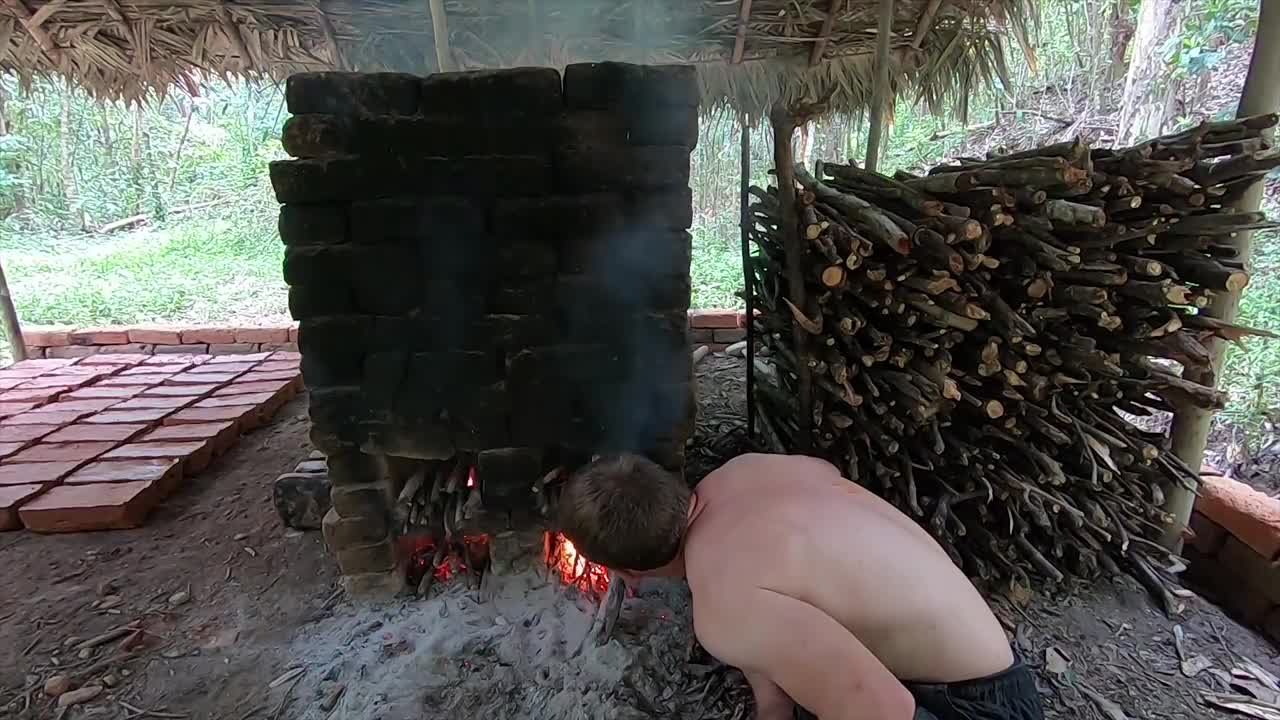 Primitive Technology: Wood Ash Cement & Fired Brick Hut