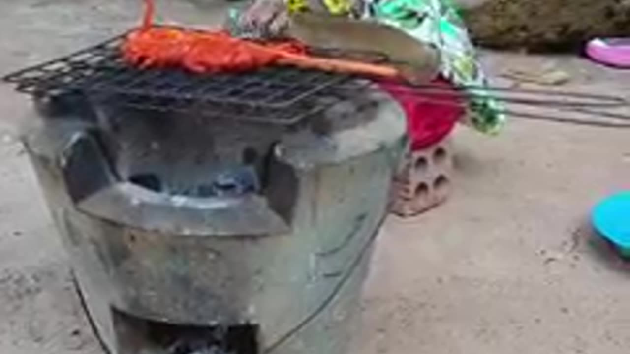 Monkey roasting pork for puppy