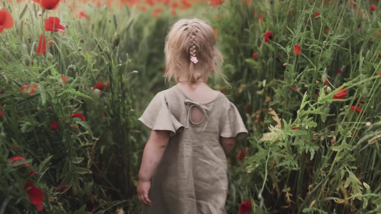 Kid walking between red poppy flowers