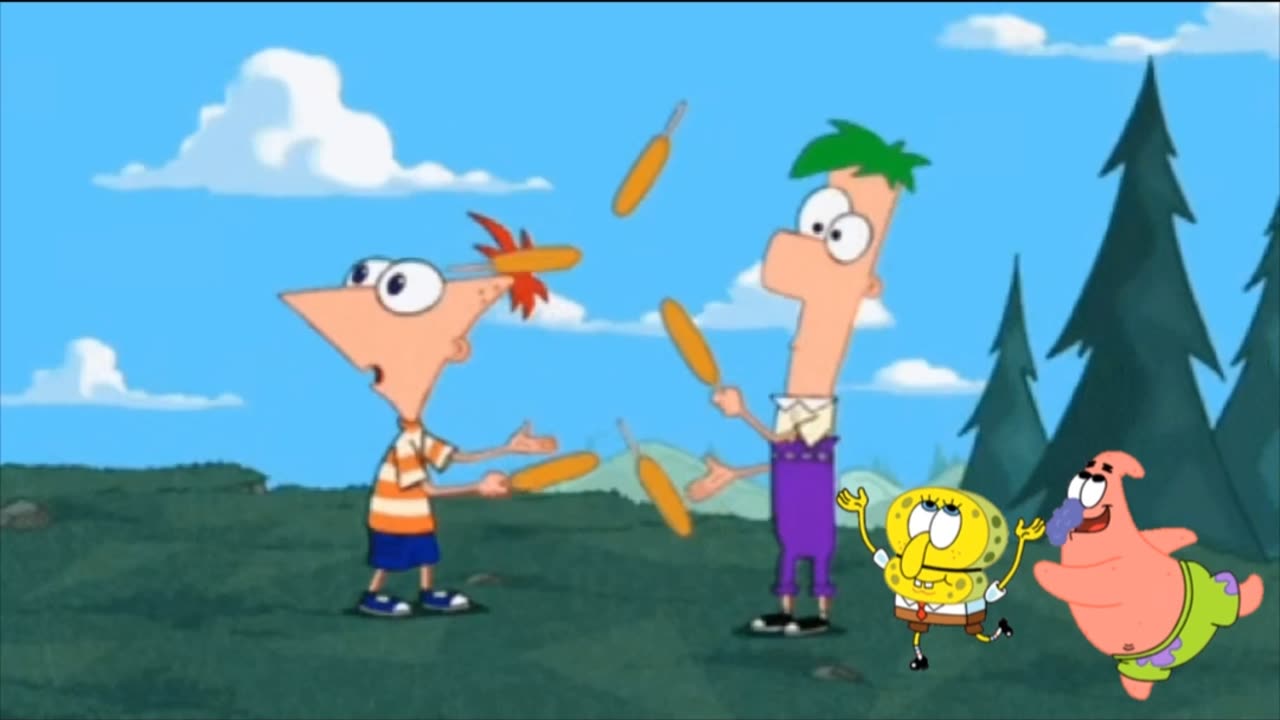 SpongeBob And Patrick Are Pretending To Be Imposters While Phineas And Ferb Juggle Corndogs
