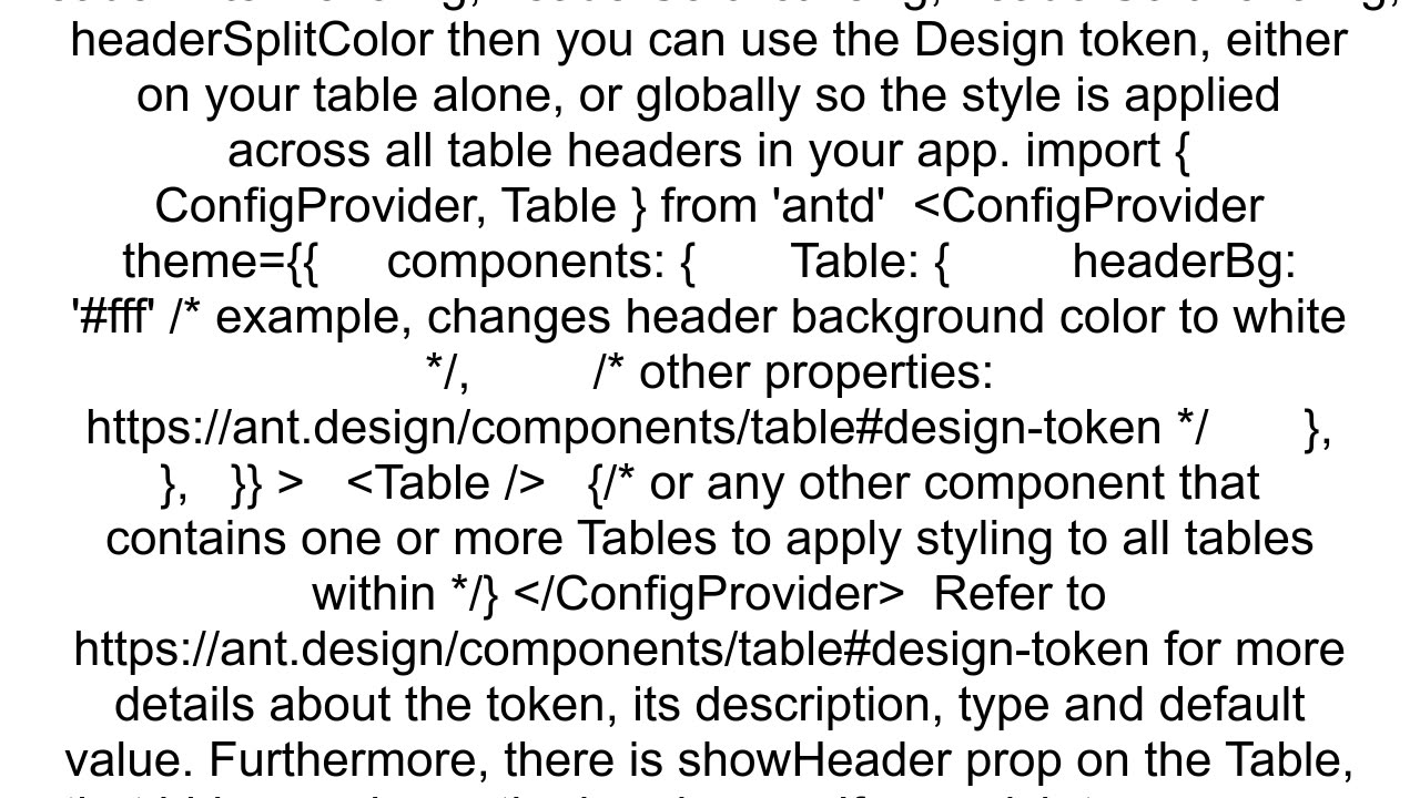 How can we configure the Header of ant design table component