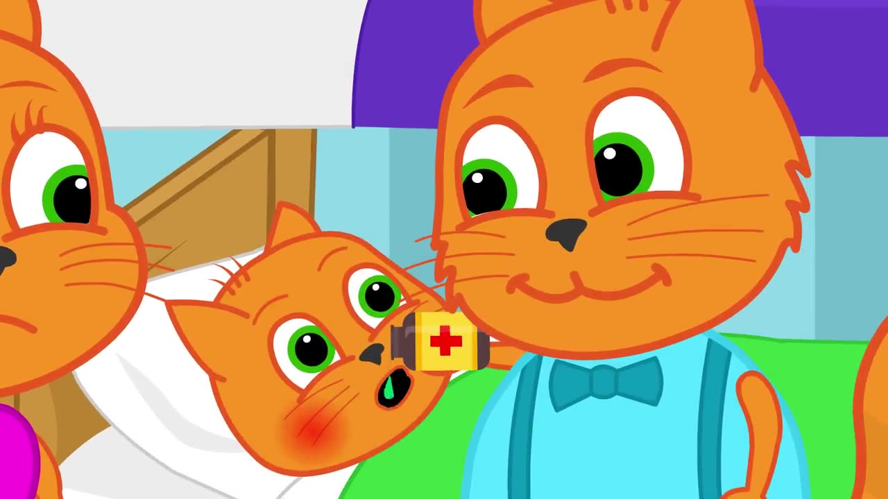 Cats Family in English - Baby Catches a Cold Cartoon for Kids