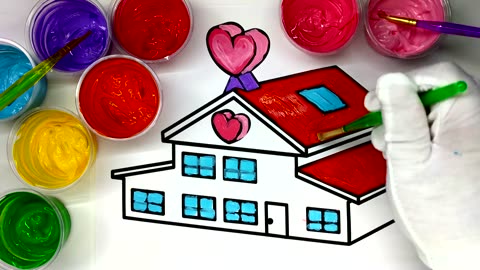 Coloring a Heart Farm House Coloring and Painting Page with Paint, Learn to Color Paint for Children