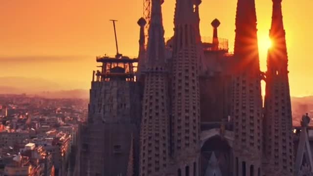 Aerial photo of the sunrise in Barcelona, Spain. Good morning today.