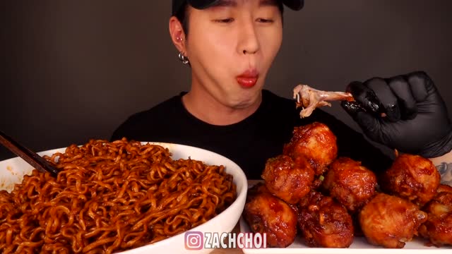 ASMR BLACK BEAN FIRE NOODLES & BBQ CHICKEN MUKBANG (No Talking) EATING SOUNDS