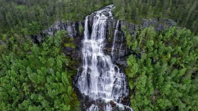 aerial footage from tvindefossen waterfall from the birds eye view norway