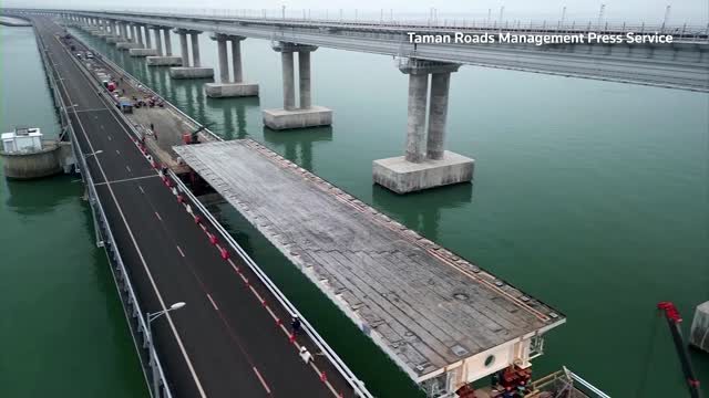 Drone shows repairs to damaged Crimea bridge