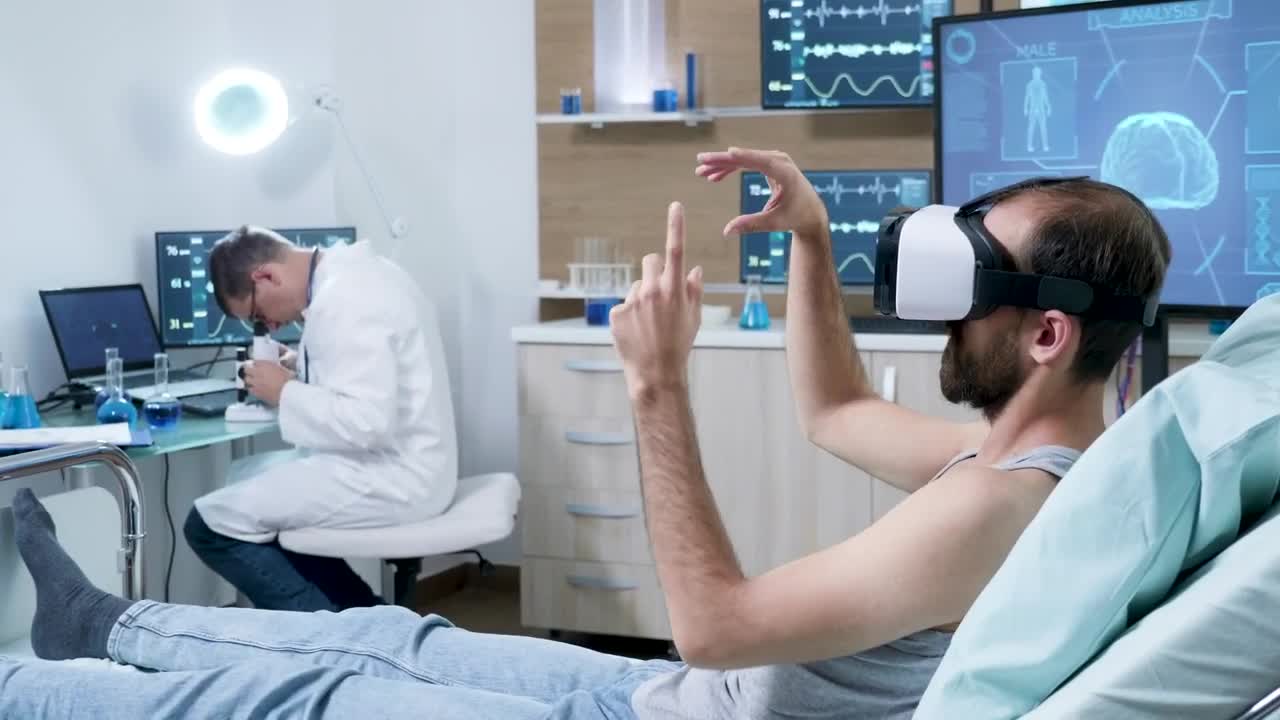 In a modern hospital, a patient uses virtual reality to view their brain.