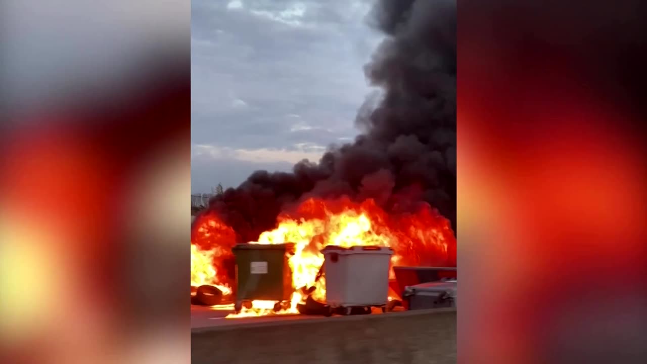 Road block burns in French pension protests