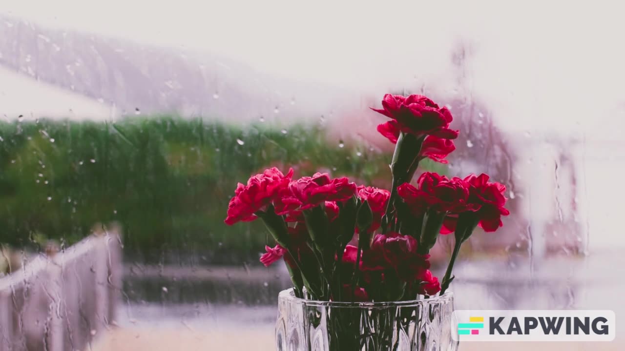 Rainy day within a window and flowers