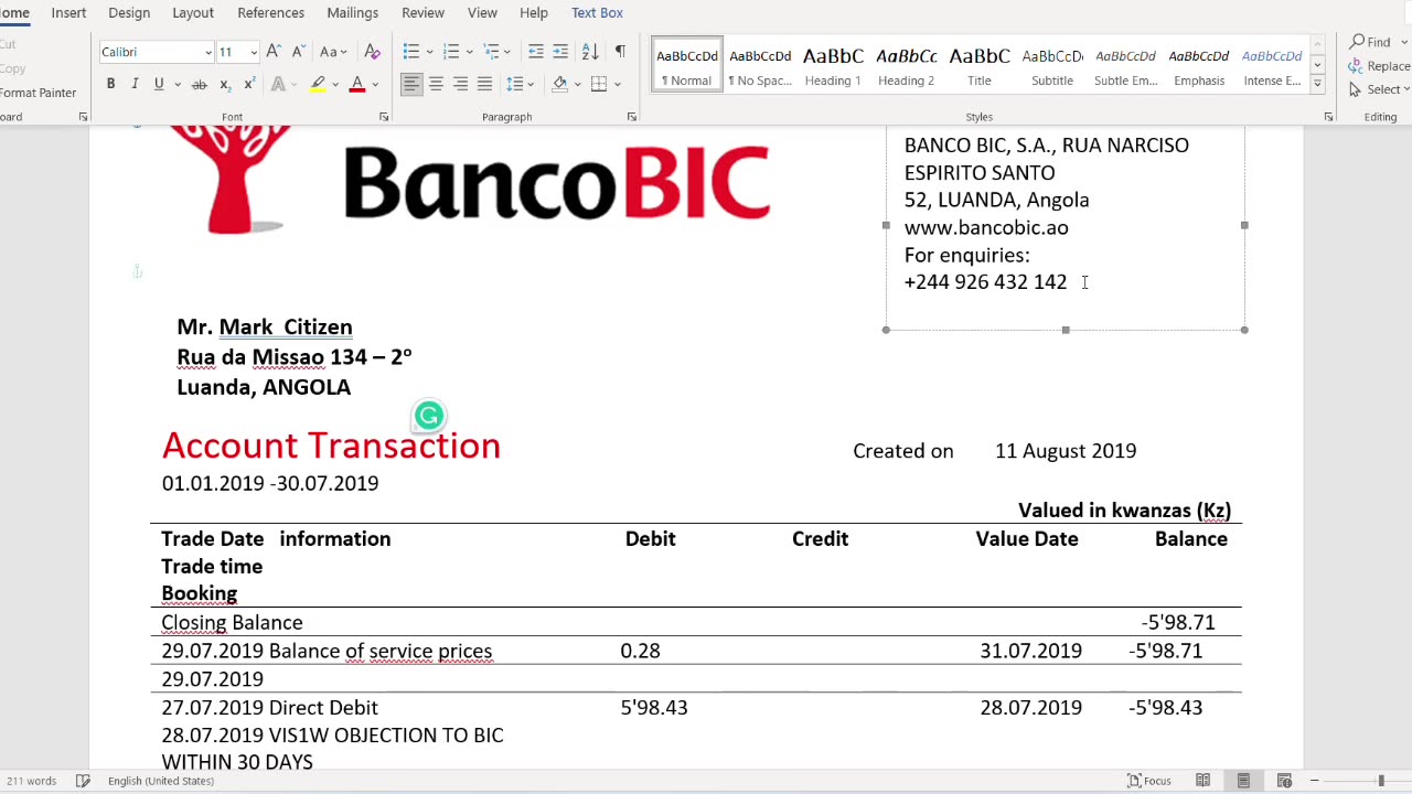 Angola Banco BIC banking statement template in Word Excel and PDF format