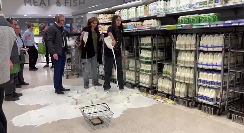 Radical environmentalists empty bottles of milk in protest against dairy industry.