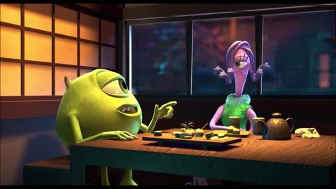 Monsters Inc Boo escapes into the sushi restaurant