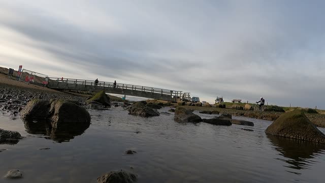 River with a bridge. Coastal river GoPro