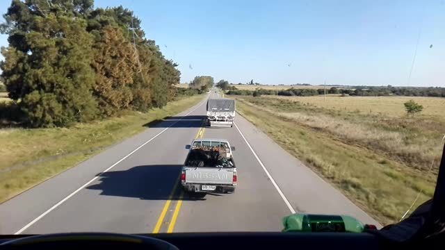 Truck ahead with double yellow line on Route 5, Uruguay