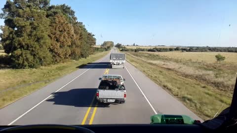 Truck ahead with double yellow line on Route 5, Uruguay