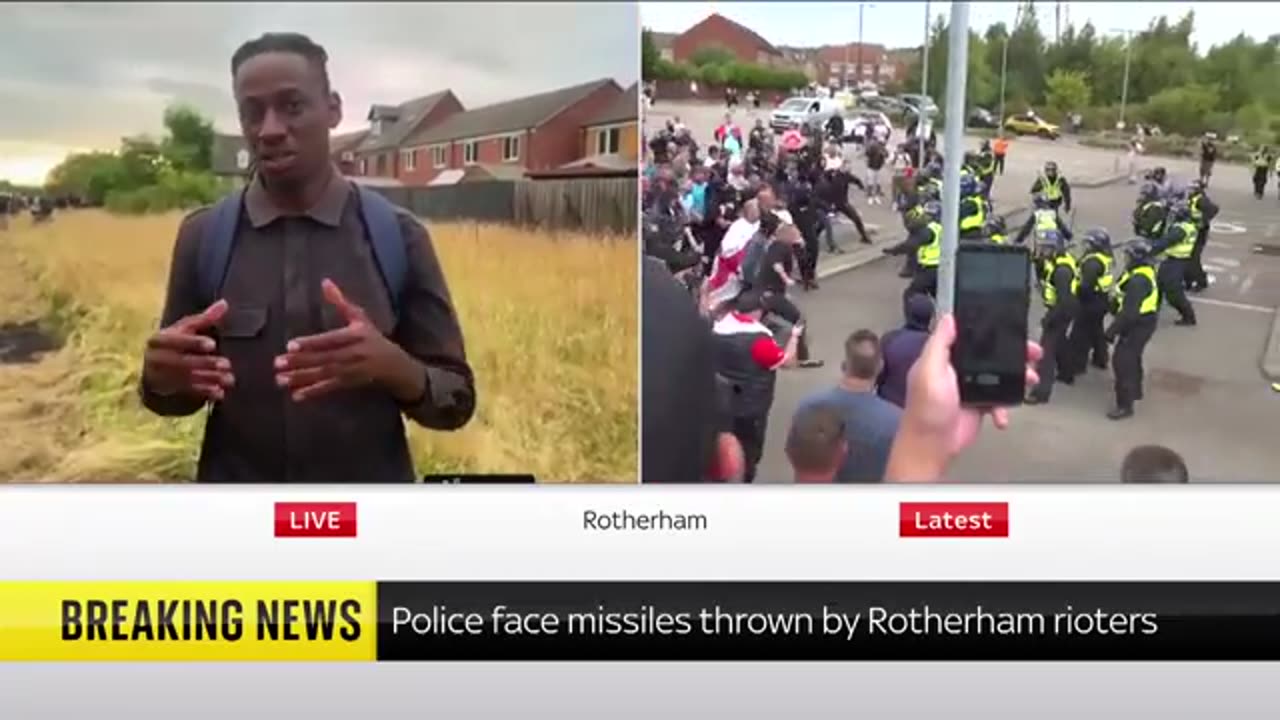 UK riots_ Sky correspondent at the scene a police and rioters face-off