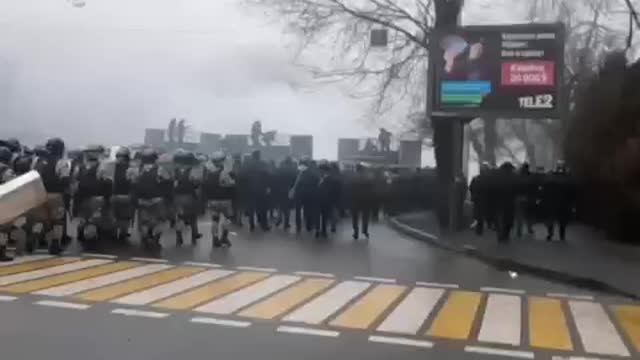 The security forces set up a cordon on one of the central streets of Almaty