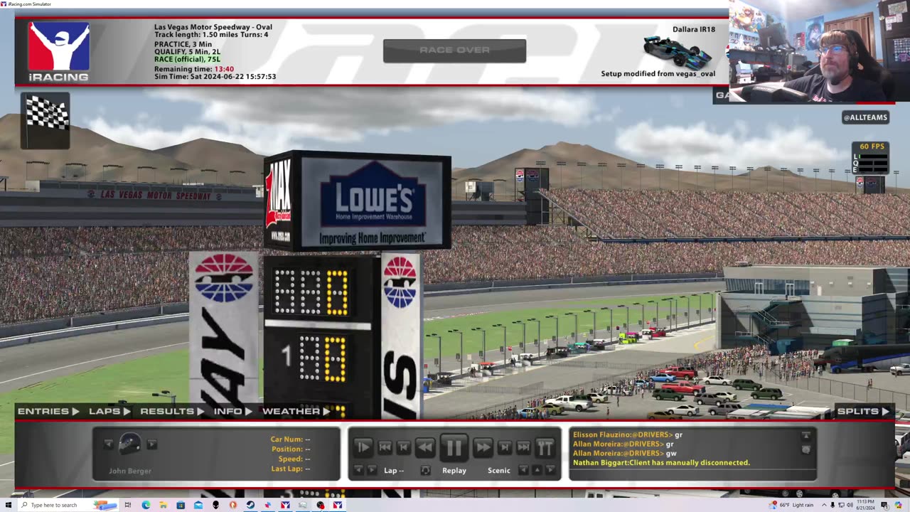 iRacing B Fixed IndyCar Series Oval from Las Vegas 6/21/24. Sigh.