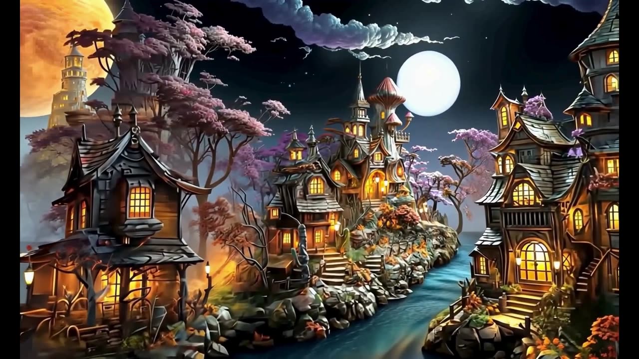 Moonlight tour through a Halloween Village Ai
