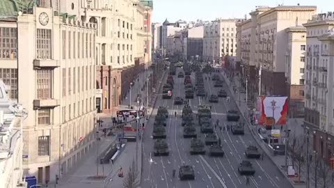 Columns of military equipment lined up on Tverskaya Street on Victory day