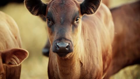 A young playful cow of a beautiful color looks directly into the camera