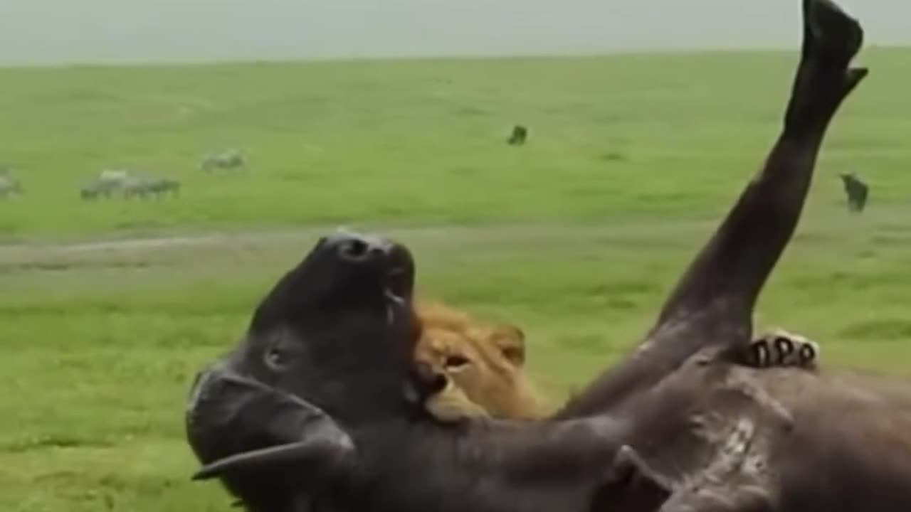 massive lion takes down a buffalo