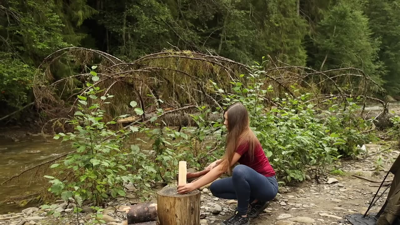 Solo rainy Camping- Catch & Cook trout, Cozy hot tent adventure - ASMR