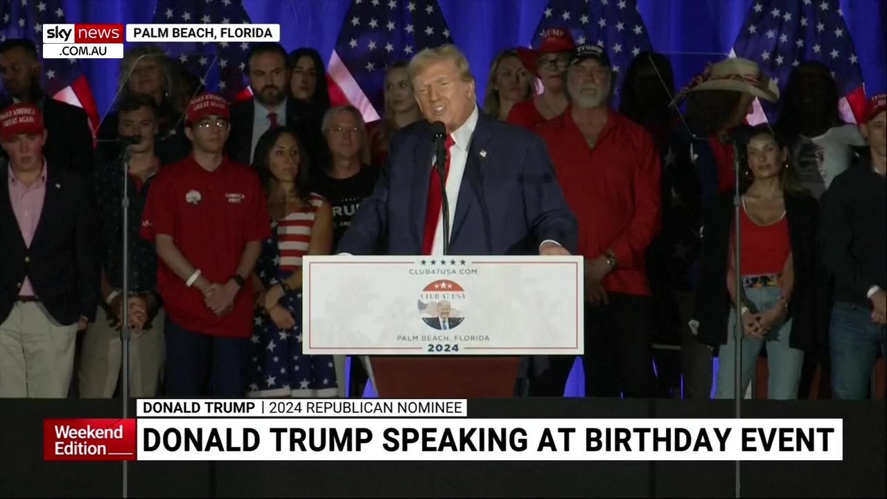 Donald Trump mocks ‘crooked Joe Biden’ during 78th birthday speech. Credit @Sky News Australia