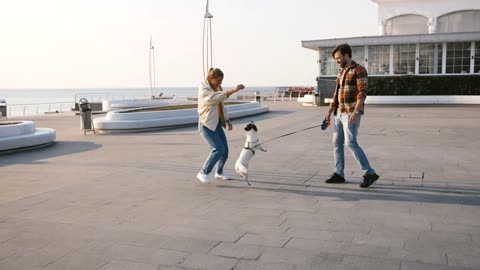 Cheerful young couple playing with cute Jack Russel terrier dog outdoors near the sea