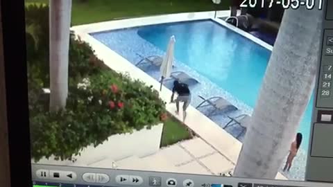 Security cam guy catches football by pool falls into umbrella