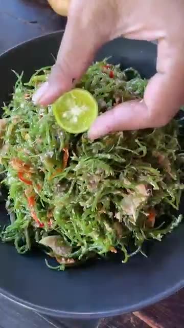 Urab Bulung Gadang, Green gracilaria seaweed with grated coconut and sambal😊🙏🏽 #bali #seaweed