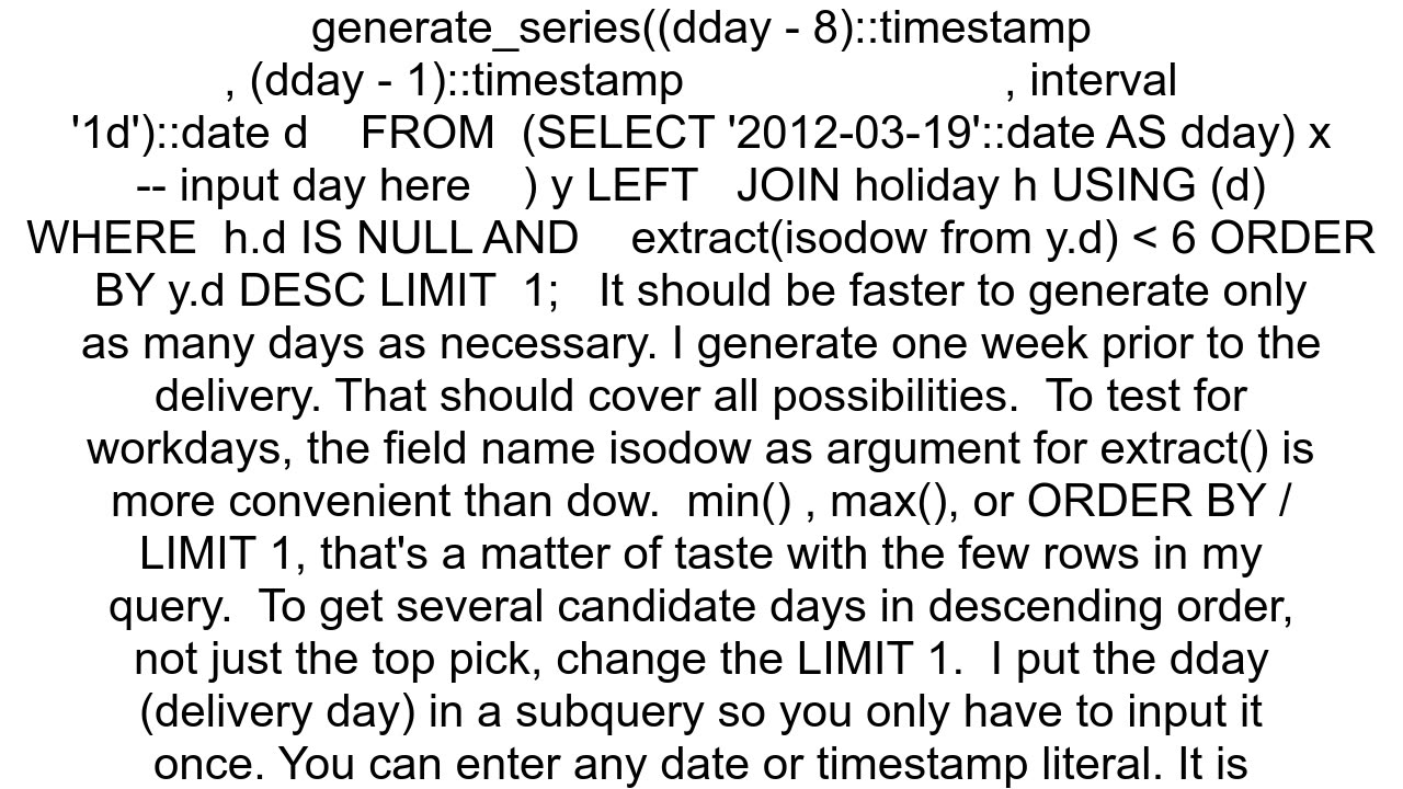 Calculate closest working day in Postgres