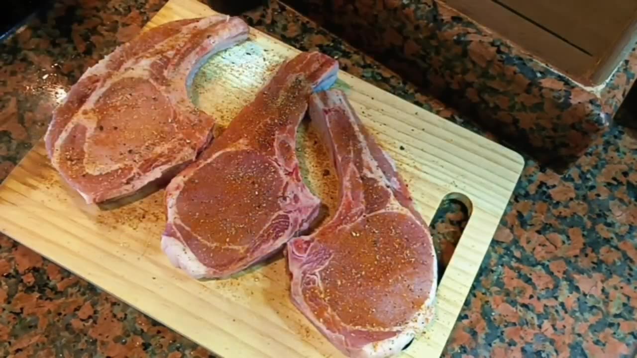 BONE-IN PORK CHOPS , SPINACH AND SWEET CORN