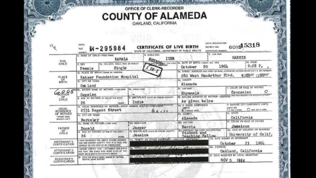 Not Eligible - Unless proven with court documents, at the time of Kamala's birth