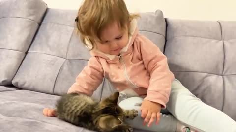 Cute Baby Meets New Baby Kitten for the First Time!