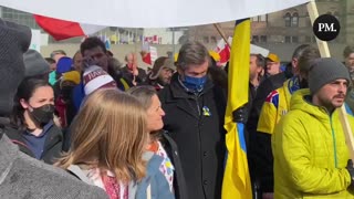 Finance Minister Chrystia Freeland and Toronto Mayor John Tory participate in an event in solidarity with Ukraine