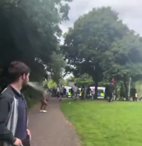 British people protesting against Migrants are attacked by migrants with hammers axes.mp4