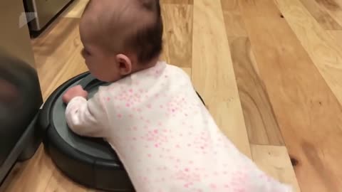 Little Baby Just hop on the roomba rodeo and Run Around in Circles in House