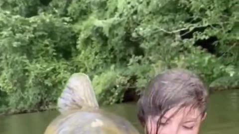 beautiful lady catches fish in the river #cute #lady #funny