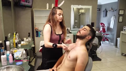 💈TURKISH LADY BARBER RELAXES w⁄ ASMR HEAD & CHEST & ARM MASSAGE ¦ SIT BACK & ENJOY