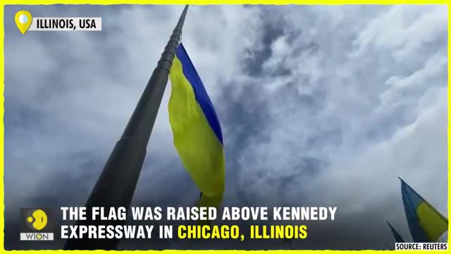 Amidst Russian invasion & anti-war protests, largest Ukrainian flag in America raised in Chicago