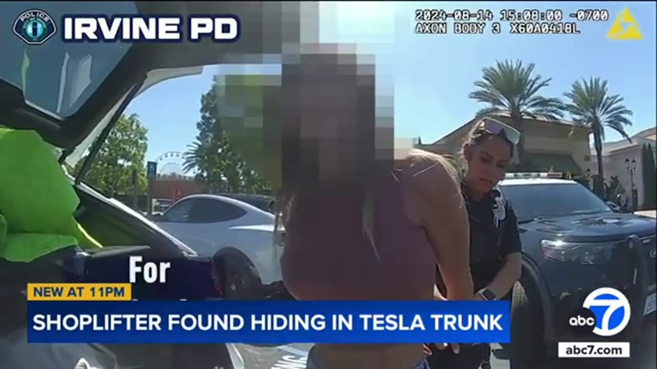 Shoplifting suspect in Irvine tries to hide from police in trunk of Tesla