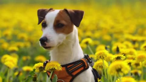 Cute dog in the land of dandelions